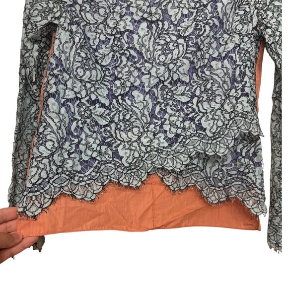 Carven Lace Long Sleeve Top Size 34 US 2 Blue Teal Overlay Peach Lining Back Zip - Picture 3 of 9